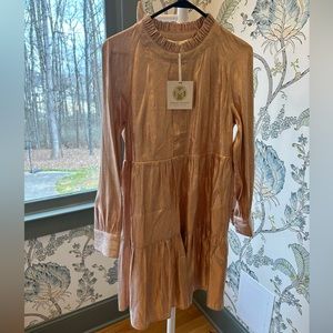 NWT Marie Oliver Rose Gold, long sleeve metallic dress with ruffle collar